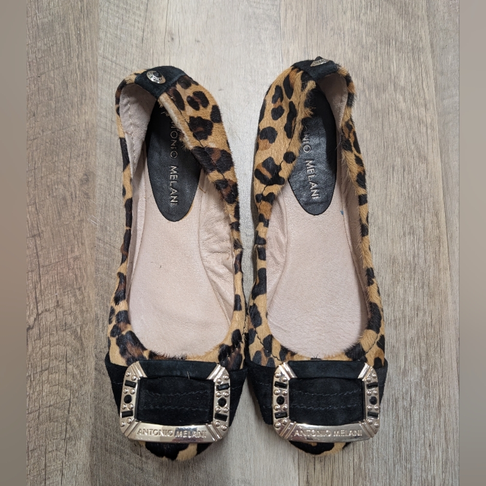 ANTONIO MELANI Leopard Pattern Flats with Buckle Accent Size 6